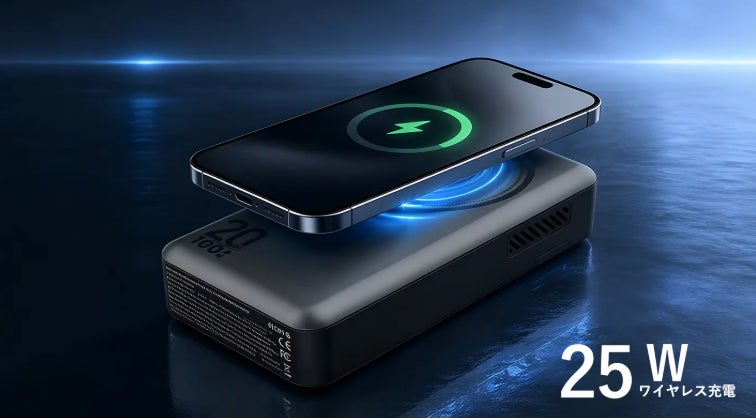 本体天面にスマートフォンを載せてワイヤレス給電を行う様子を示す写真