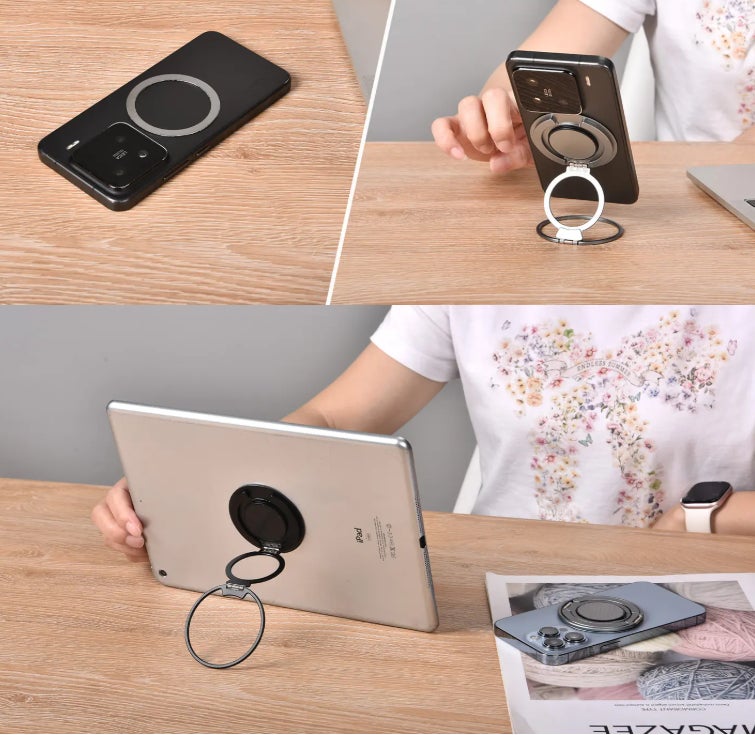 背面プレートを貼り付けた端末やタブレットをスタンドで立てかけている様子