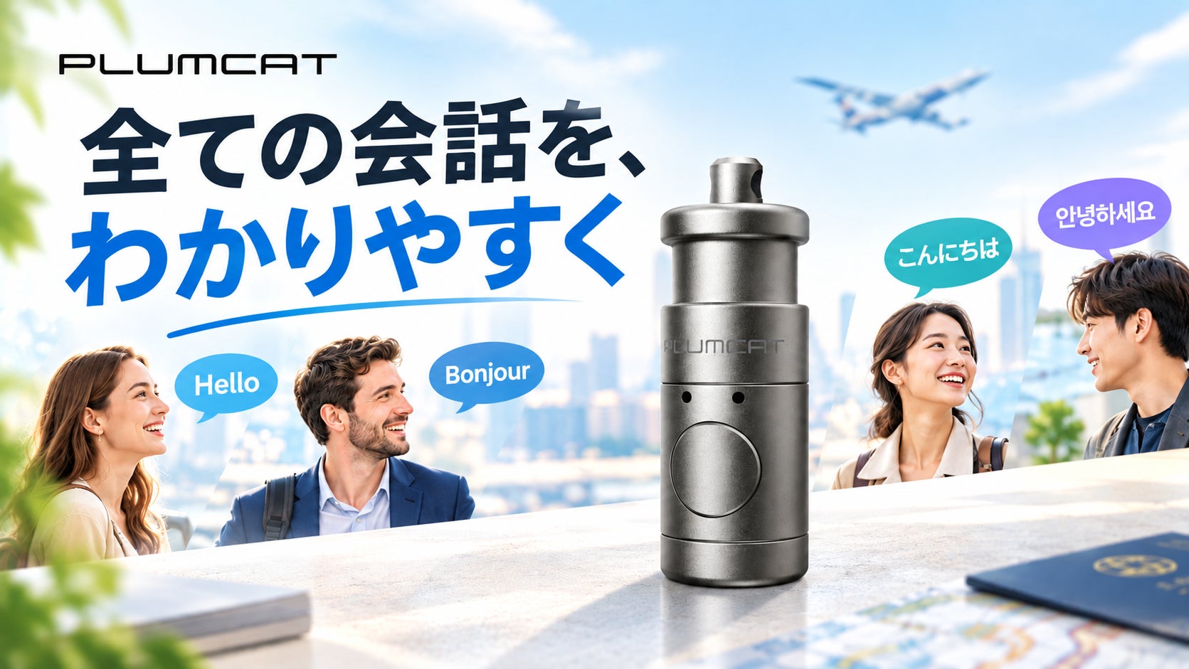 製品本体を中央に配置し、背景に会話する人物たちや吹き出しを配したイメージ