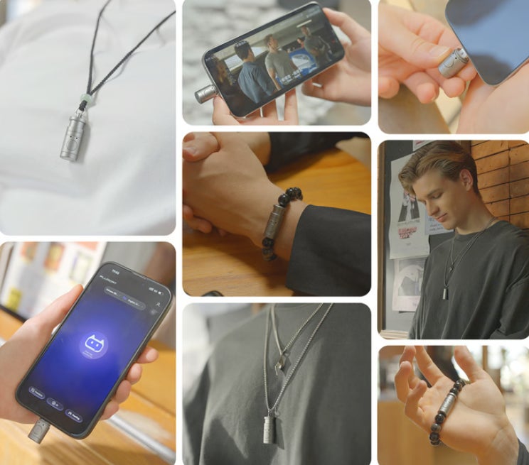 ペンダントやブレスレットとして身につけた様子やスマホ接続時の使用例を並べた写真集