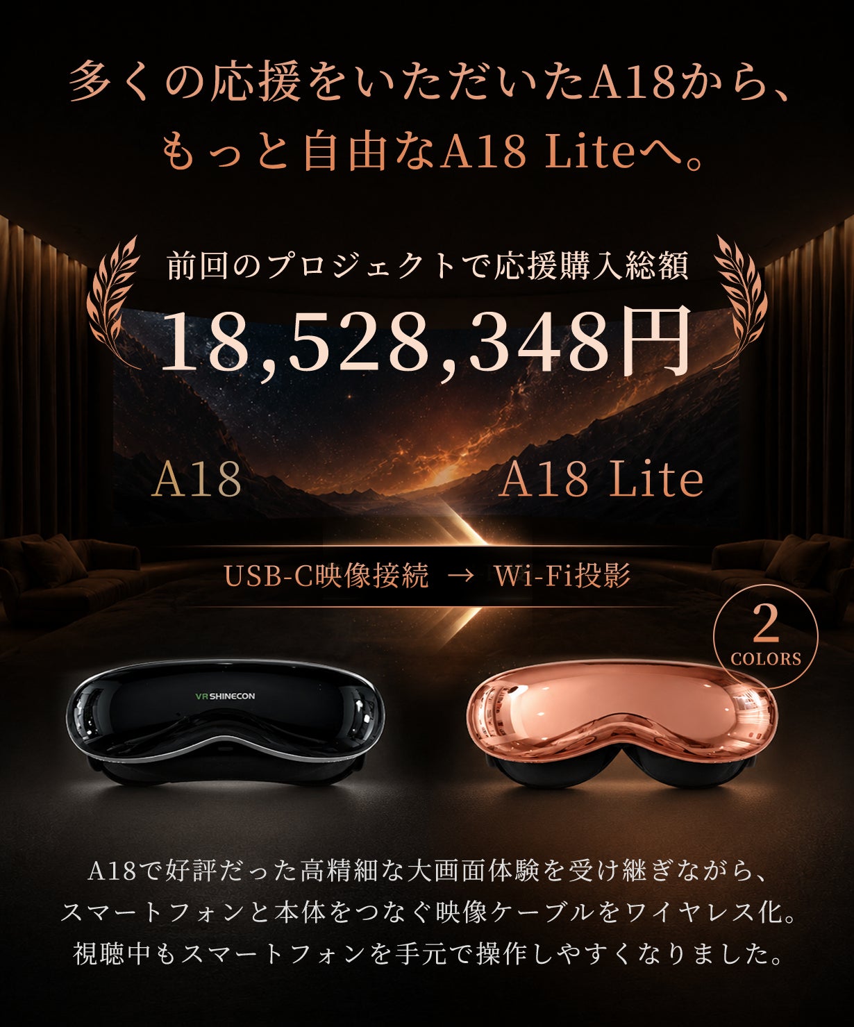 株式会社RT、1000インチ相当の大画面を楽しめるワイヤレスウェアラブルディスプレイ「A18 Lite」を発表|A18 Liteの主な特徴と投影方法