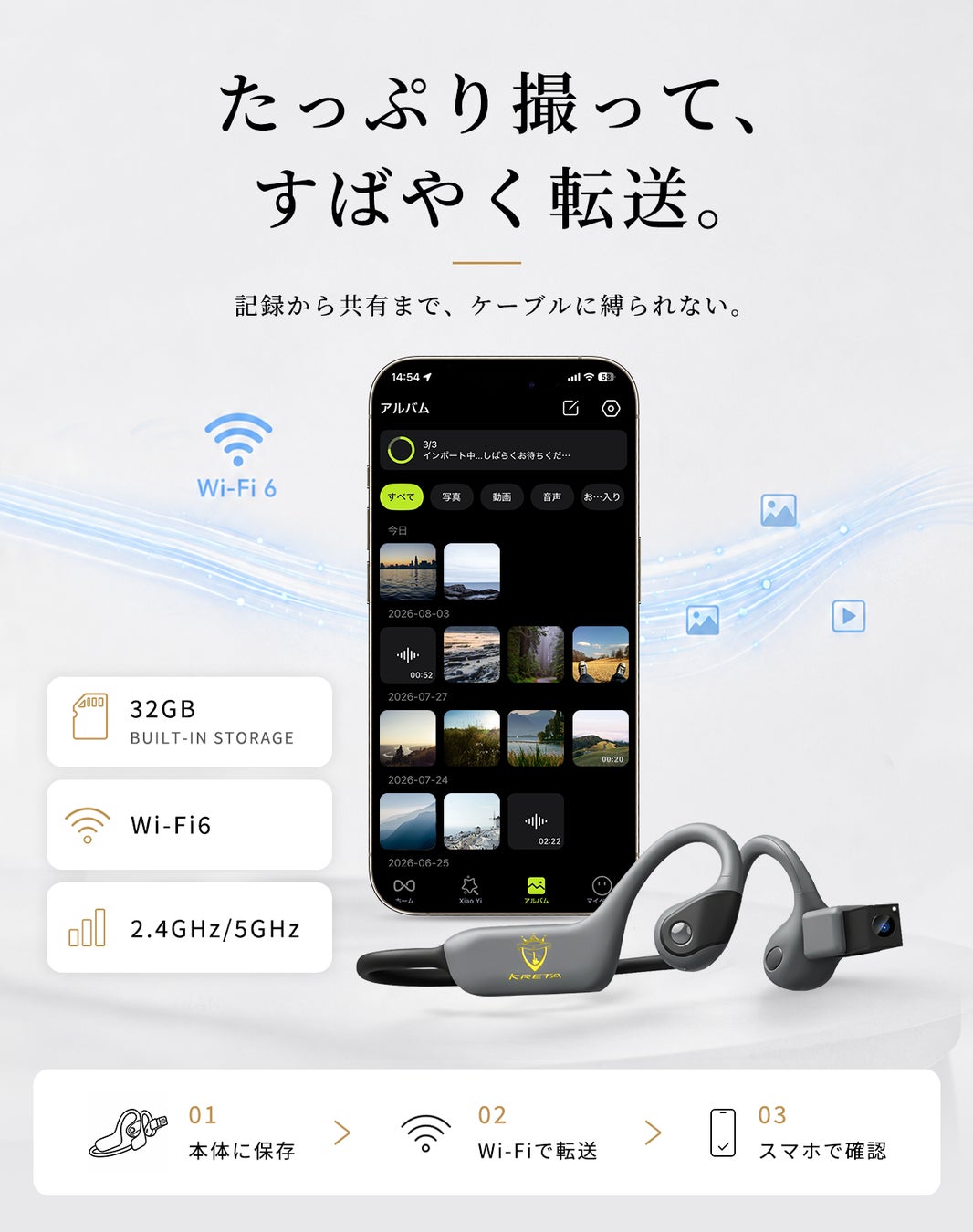 製品本体と専用アプリの画像管理画面を表示したスマートフォンの写真