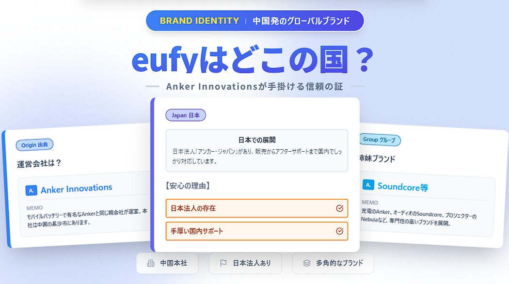 eufyは中国のAnker Innovationsが手掛けるブランドで日本法人の存在と国内サポートの充実を示す