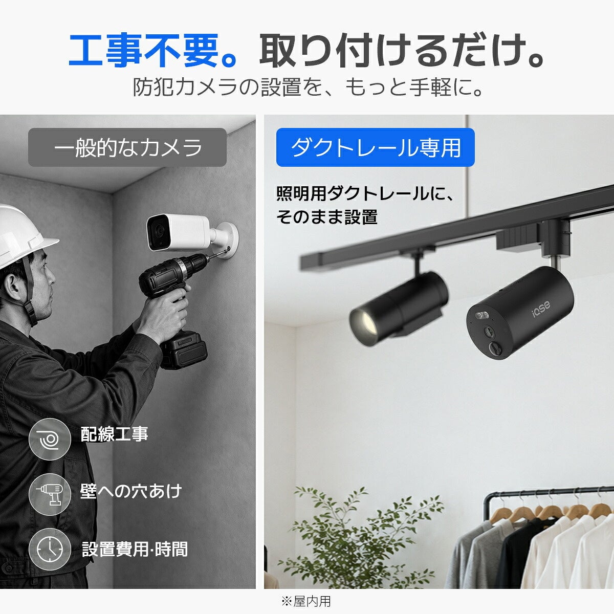 華視時代、ダクトレール式防犯カメラ「IQSE-G1」2台＋モニターセットが楽天リアルタイムランキングで1位を獲得｜工事不要でダクトレールへ取り付ける仕組み