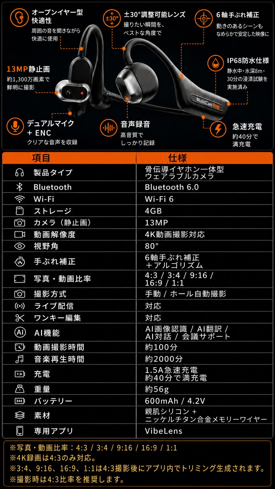骨伝導イヤホンとカメラを融合した「MusicCam Pro」、Makuakeで公開|主な製品仕様(7枚目)