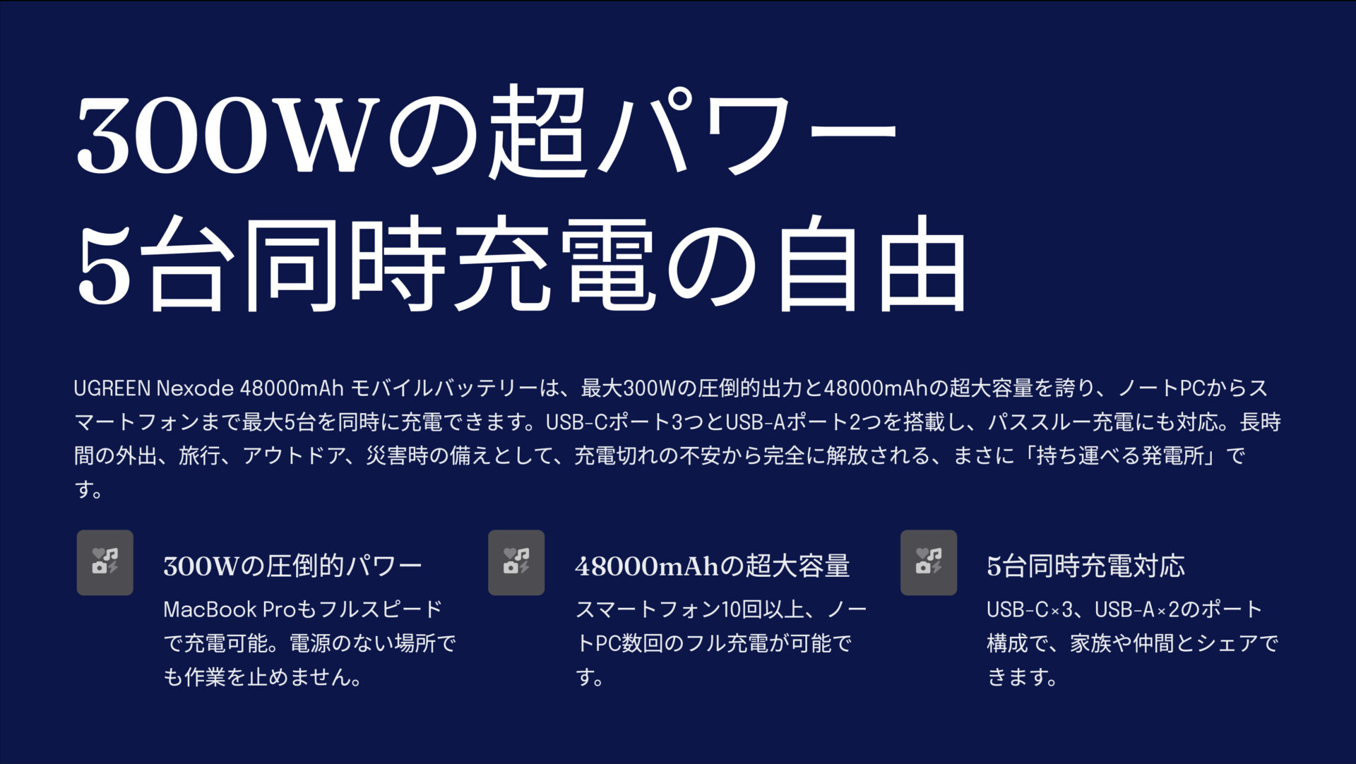 UGREEN Nexode モバイルバッテリー 48000mAh/153.6Wh 300Wを評価!|もう充電切れの心配は不要! のまとめスライド