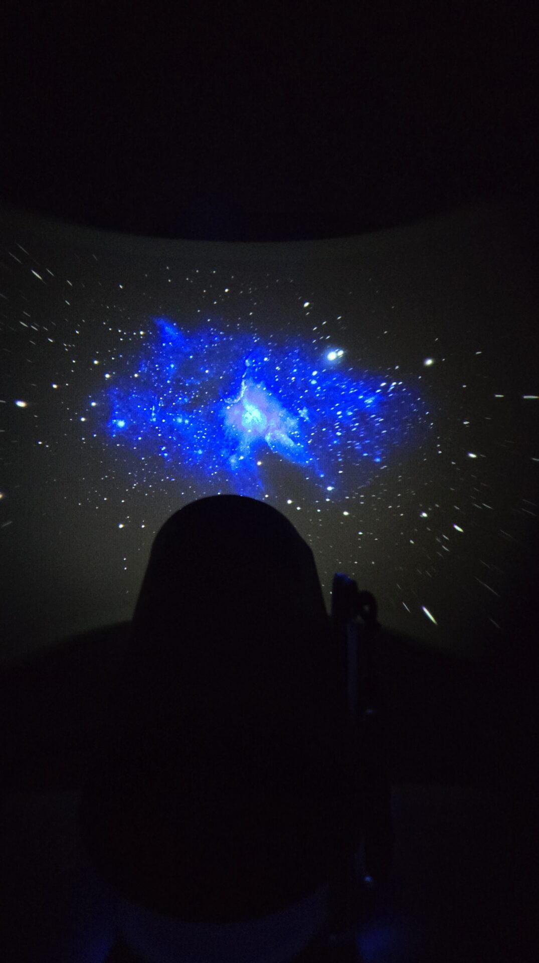 プラネタリウムのドームに映る青い星雲と満天の星空 観客の後ろ姿