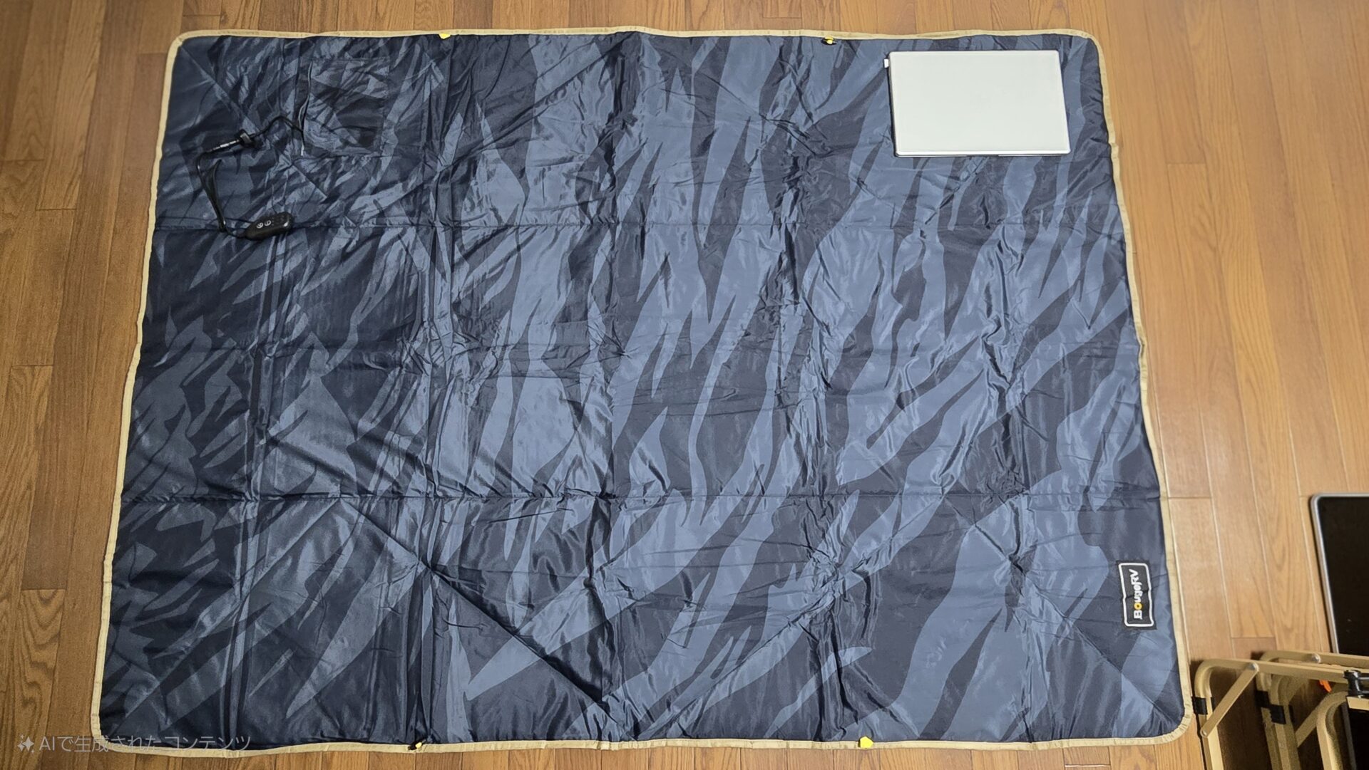 BougeRVの青い電気マットに白いパソコンと操作コントローラー