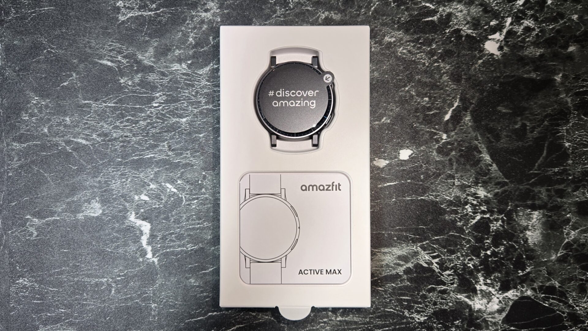 Amazfit ActiveMaxの化粧箱裏面と付属の説明・本体背面イラスト