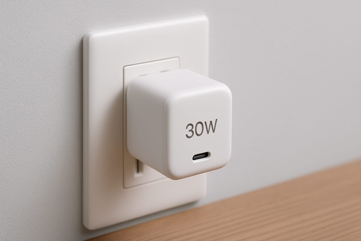 白い30W USB-C充電器がコンセントに刺さっている