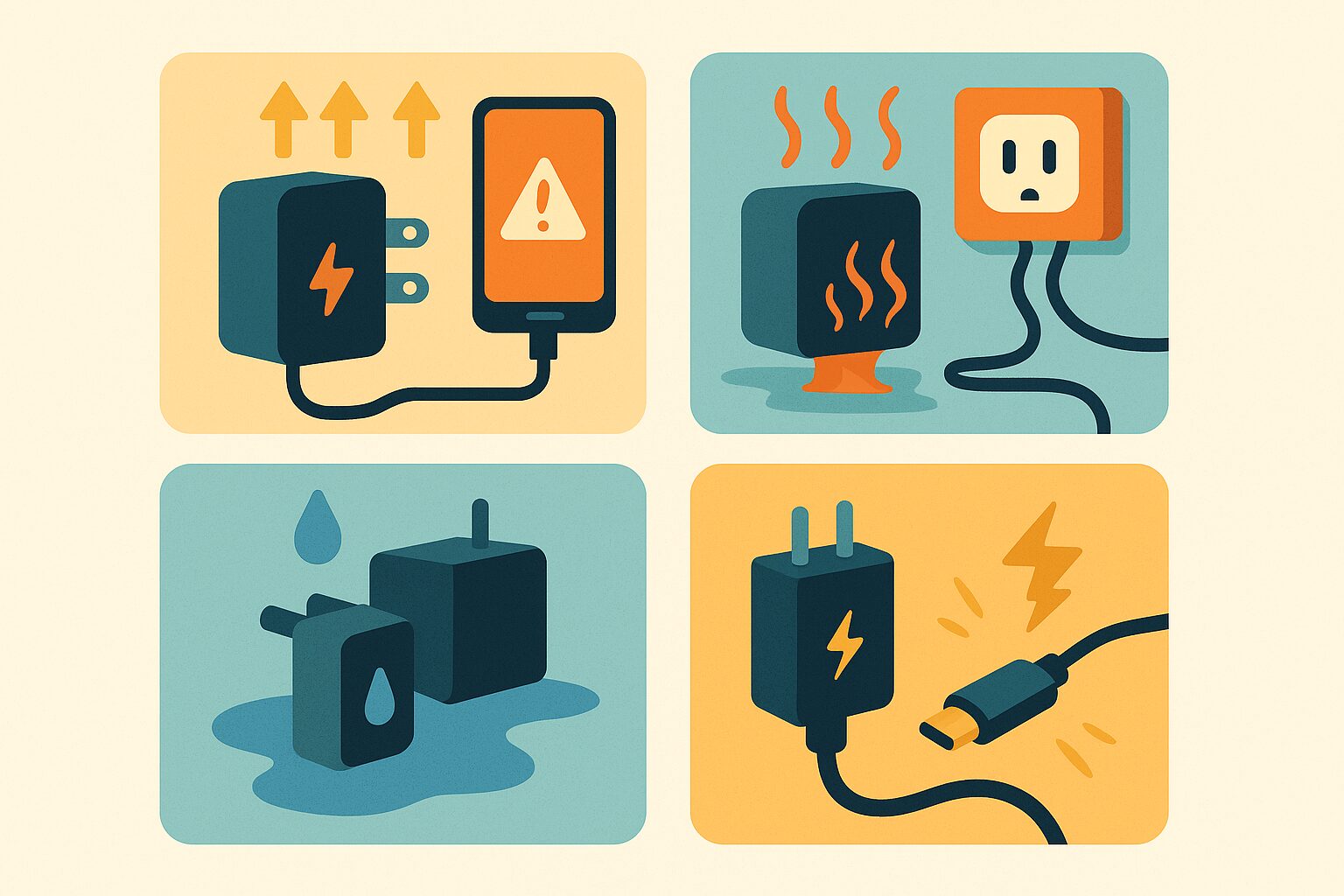 充電器の危険な使い方を示す4つのイラスト