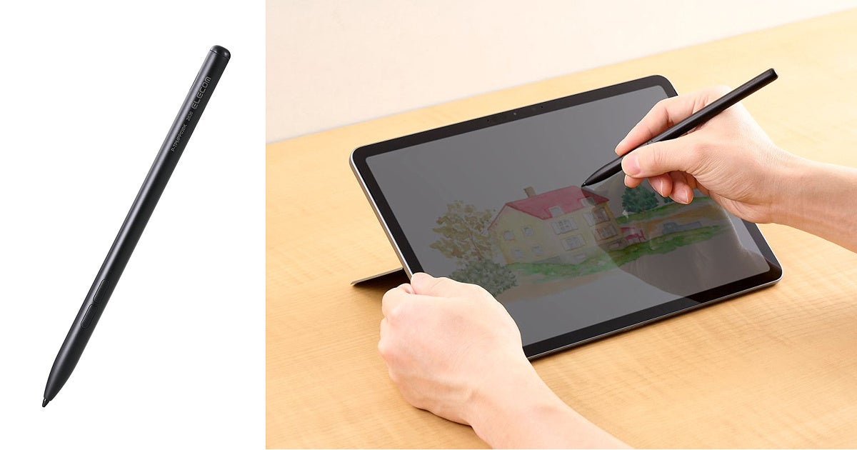 黒いアクティブスタイラスペンの外観と、タブレット画面へペン入力を行っている手の様子