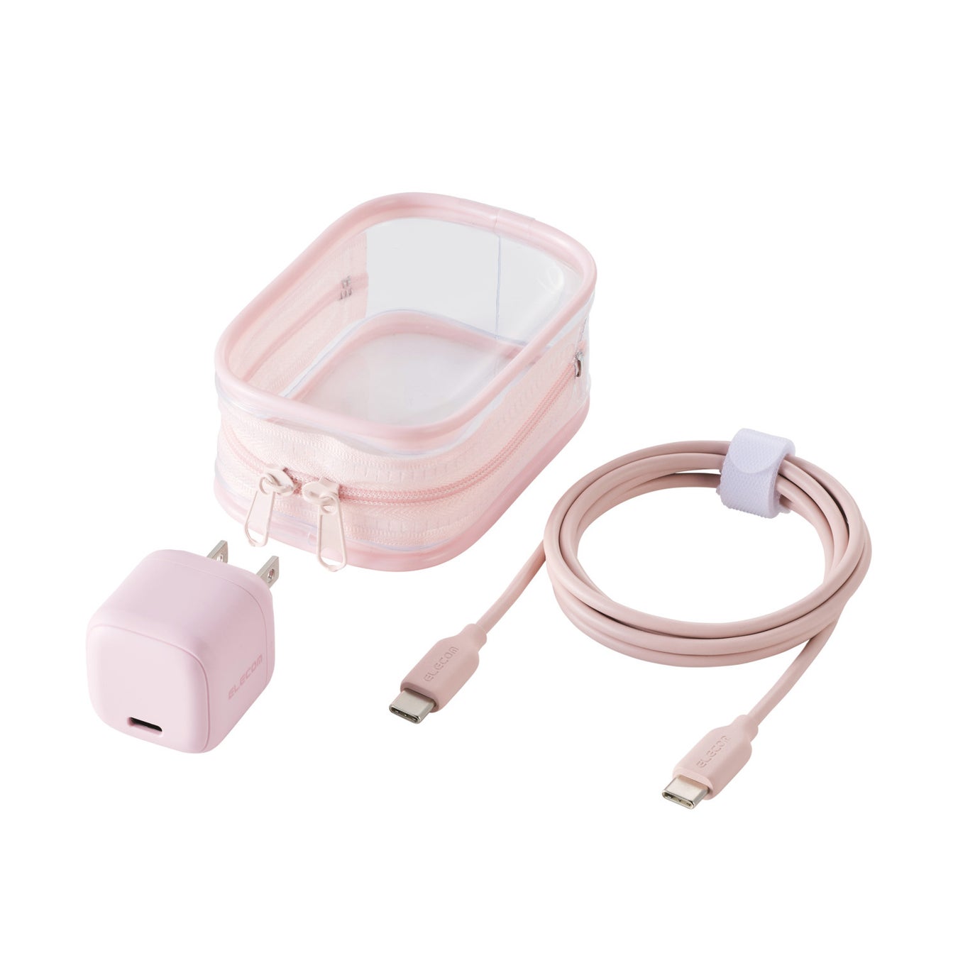 ピンクのAC充電器本体、USB Type-Cケーブル、透明ポーチのセット一式