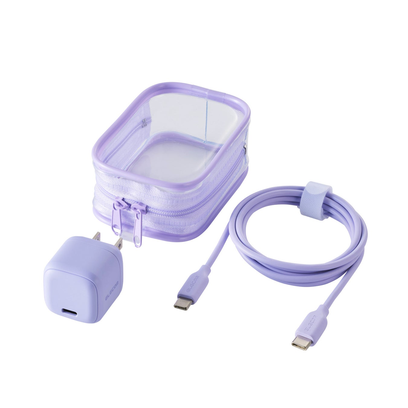 パープルのAC充電器本体、USB Type-Cケーブル、透明ポーチのセット一式