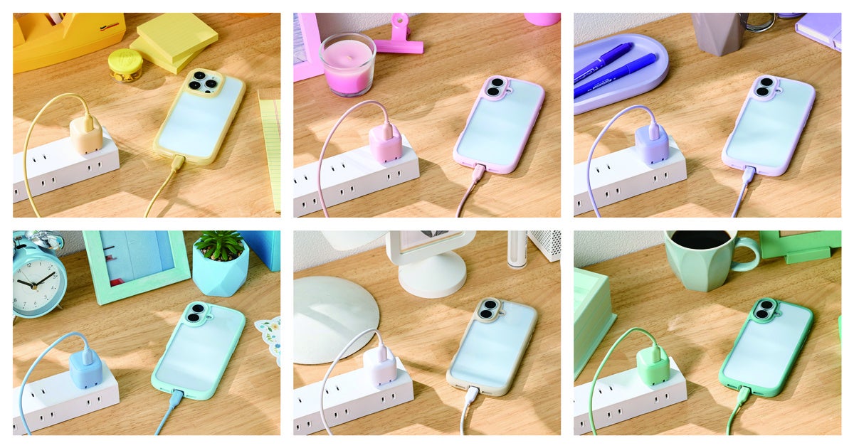 電源タップに差し込まれた充電器から各色のスマートフォンへケーブルを接続して充電している様子