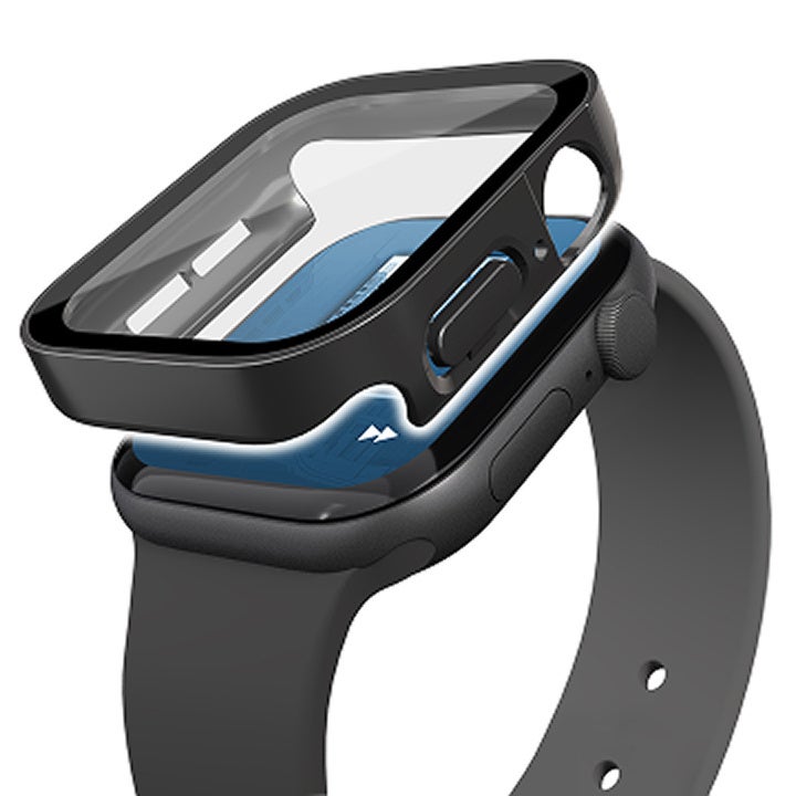 防水仕様のフルカバーケースをApple Watch本体に取り付ける様子の斜視写真