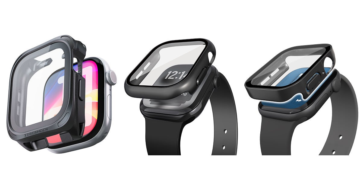 3種類のApple Watch用ケースが時計本体に装着される様子を横並びで示したイメージ