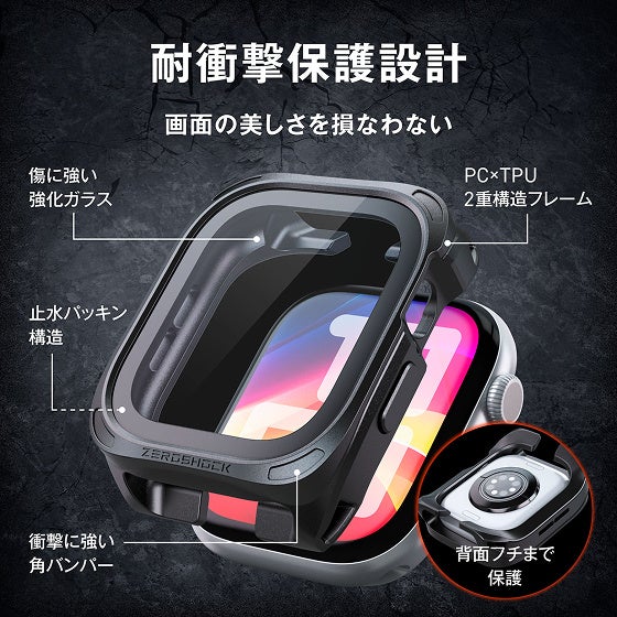 ケースの構造と各パーツの保護機能を矢印とテキストで示した解説図