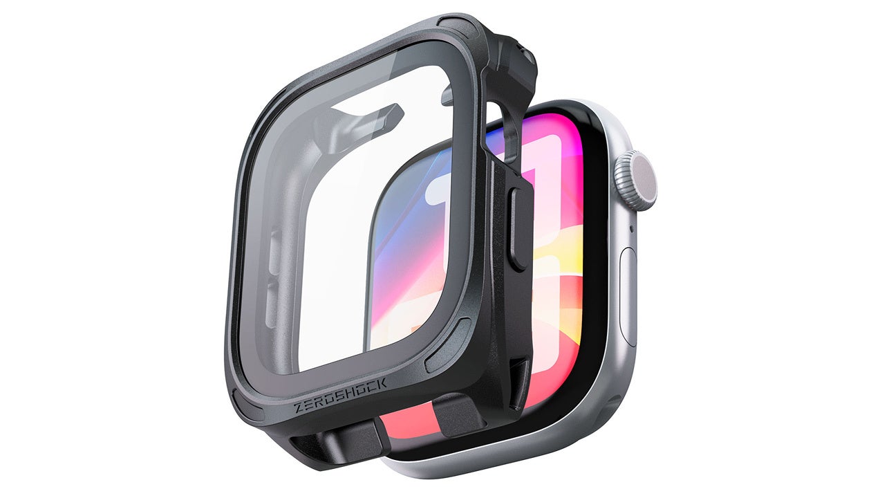 黒い耐衝撃バンパー付きケースをApple Watch本体へ被せる様子を示す写真