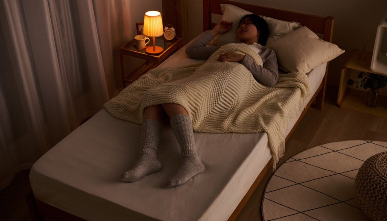 照明の灯る寝室のベッドで靴下を履いて横になっている人物
