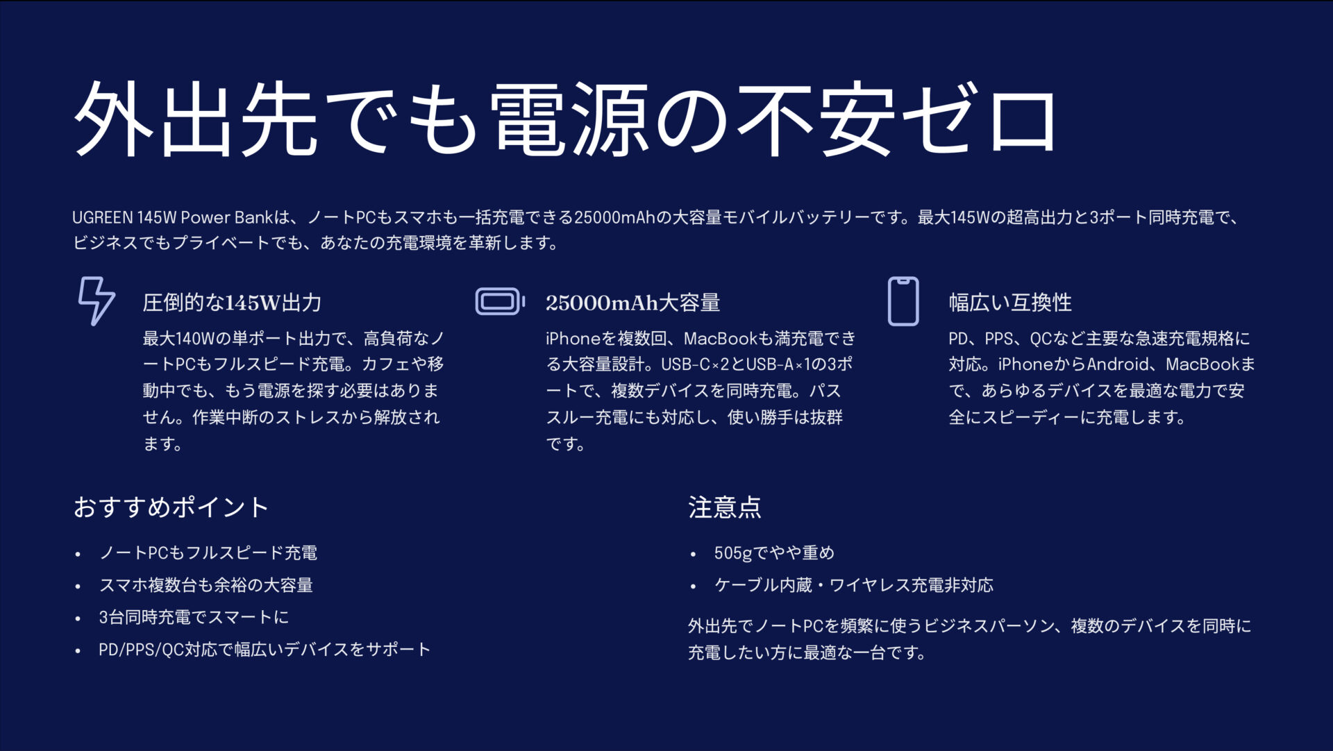 UGREEN 145W Power Bank モバイルバッテリーを評価!|電源レスで、どこまでも。 のまとめスライド