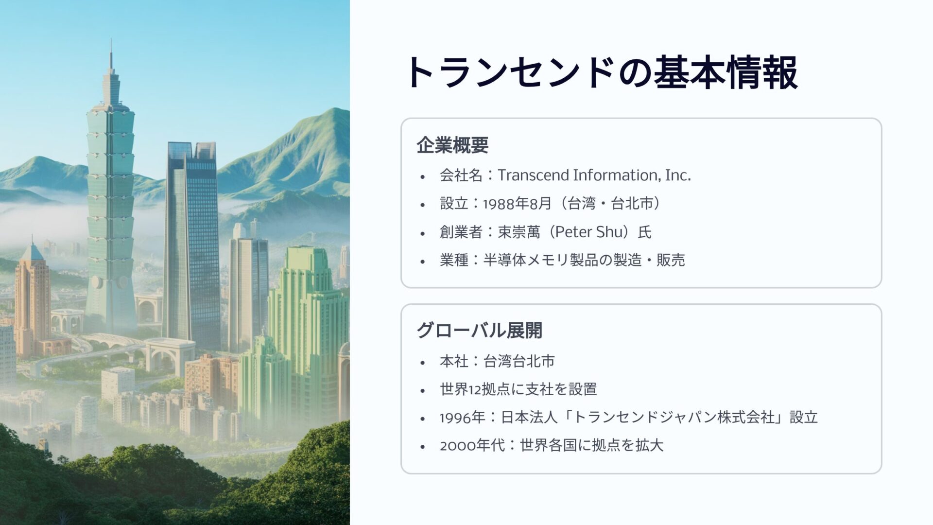 半導体メモリ製品を製造するトランセンド社の企業情報と台湾台北の街並み