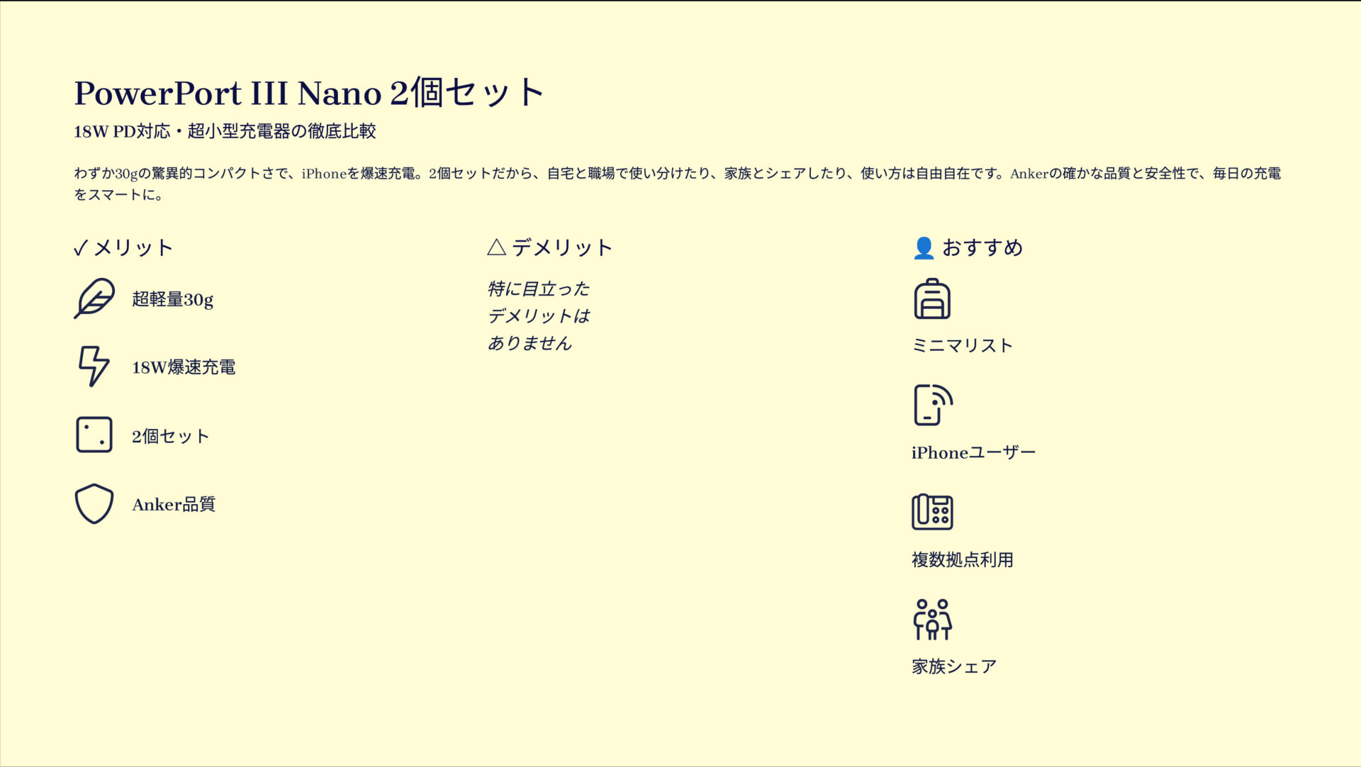 PowerPort III Nano 2個セットを評価！｜手のひらサイズに超速充電。どこでも2台分！ の評価サマリー図