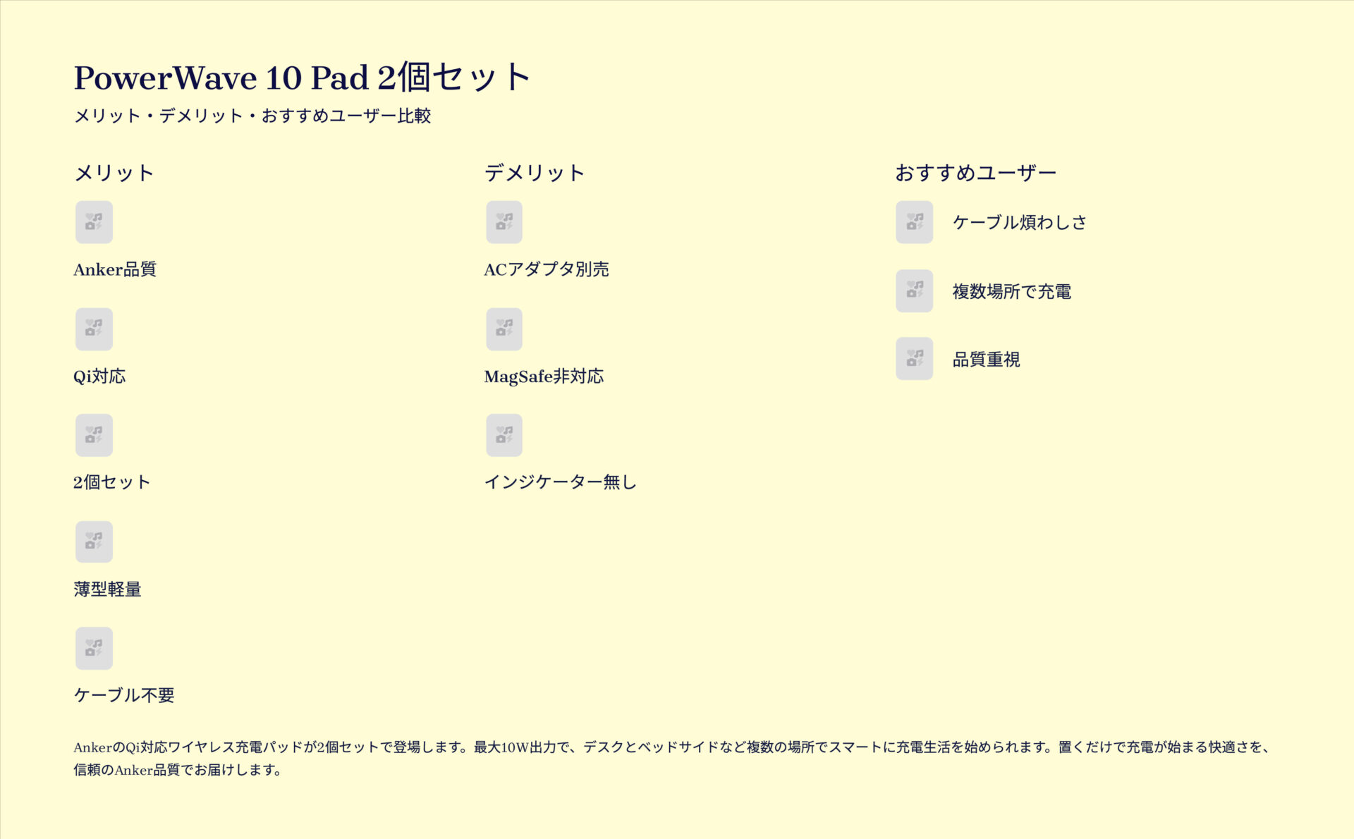 PowerWave 10 Pad 2個セットを評価!|置くだけ充電、暮らしに2枚のスマート革命。 の評価サマリー図