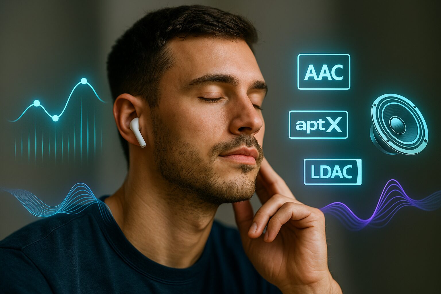 白いワイヤレスイヤホンで音楽を楽しむ男性 音の圧縮技術AAC aptX LDAC