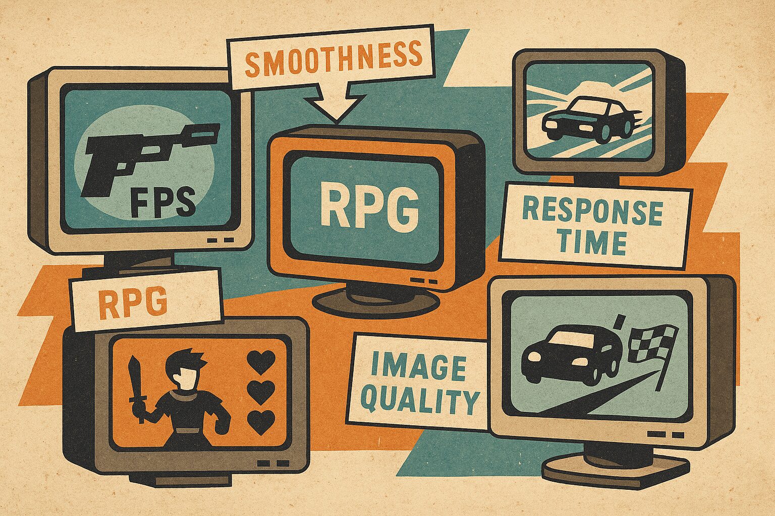 古いモニターにゲームのFPS RPG滑らかさ応答速度画質と書かれたイラスト