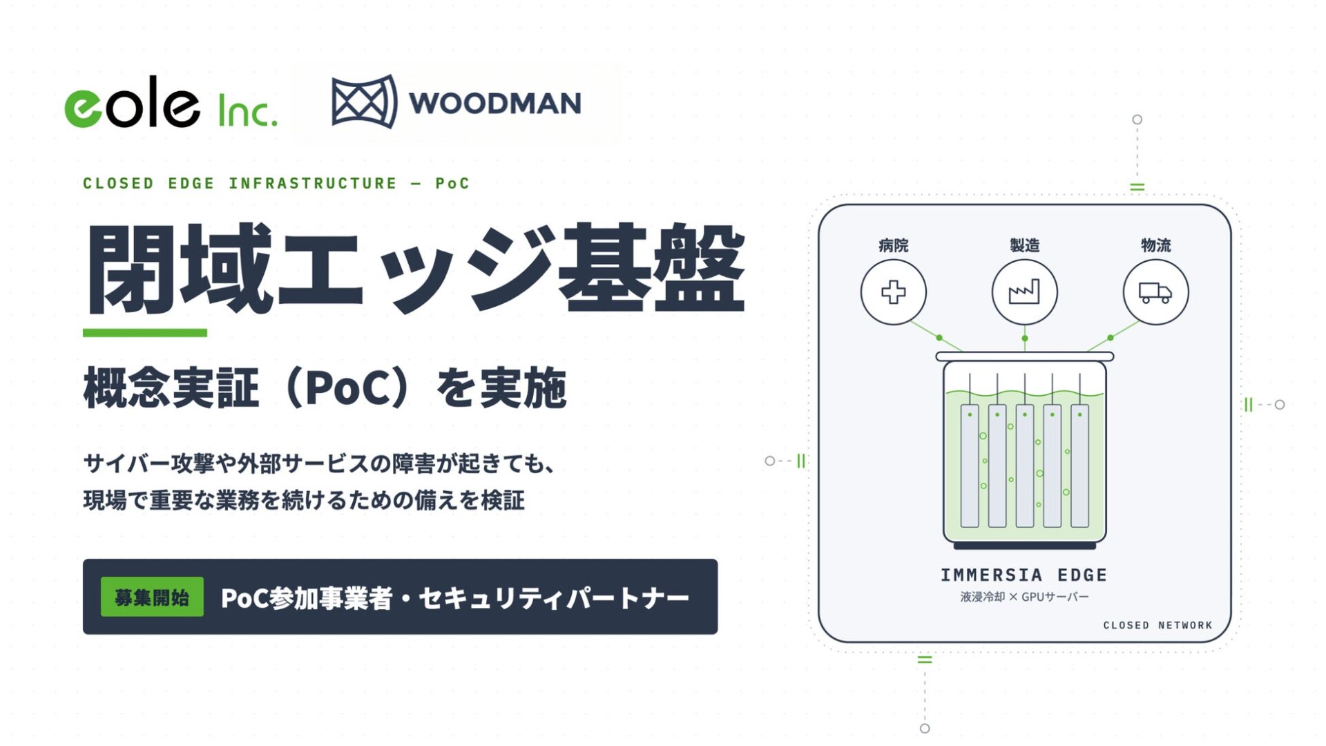 左側にPoCのタイトル文字、右側に液浸冷却装置と病院・製造・物流のアイコンを配置したPoC概要の図解グラフィック。