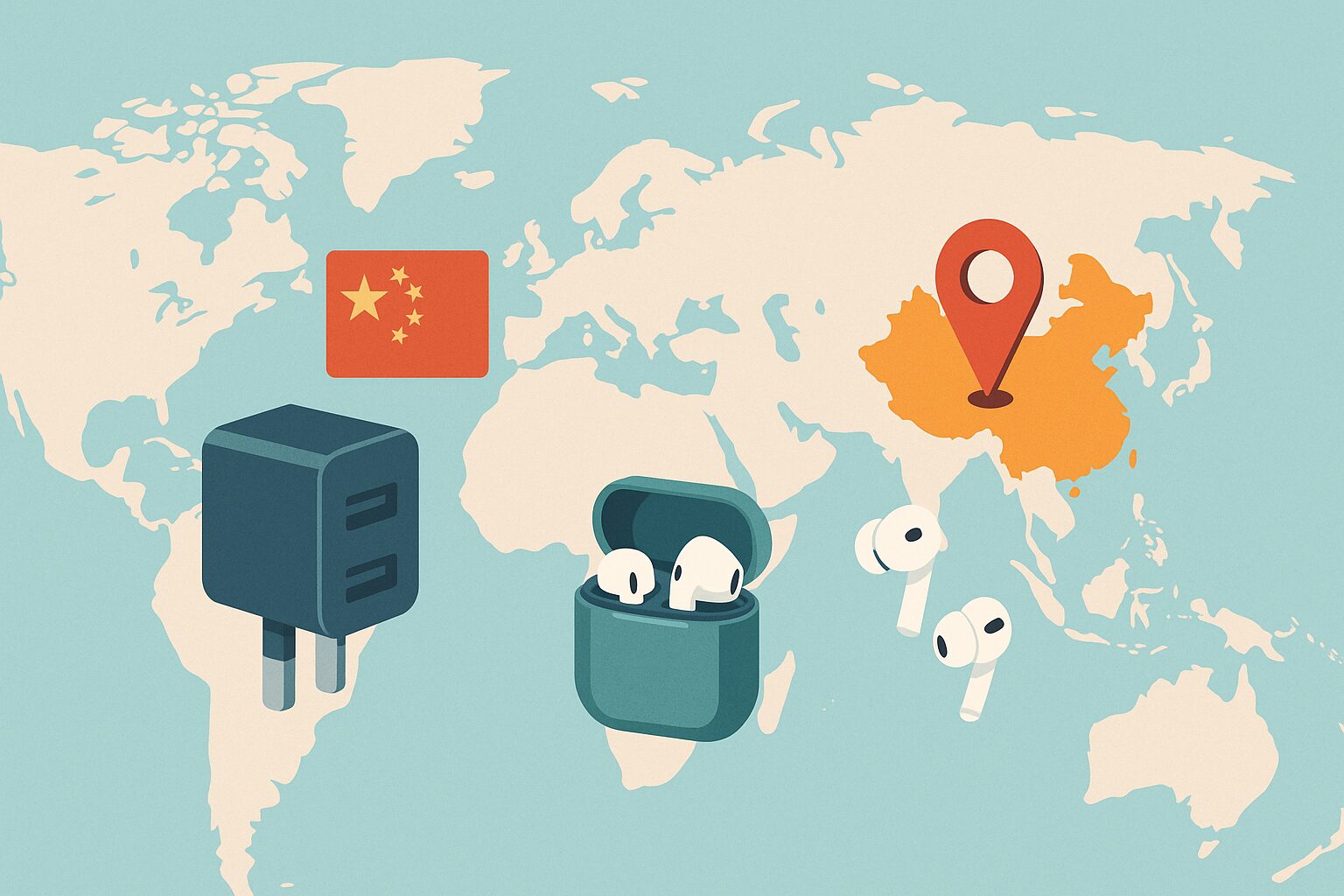 世界地図を背景に 中国の旗 充電器 ワイヤレスイヤホン 中国本土を指す赤いピン