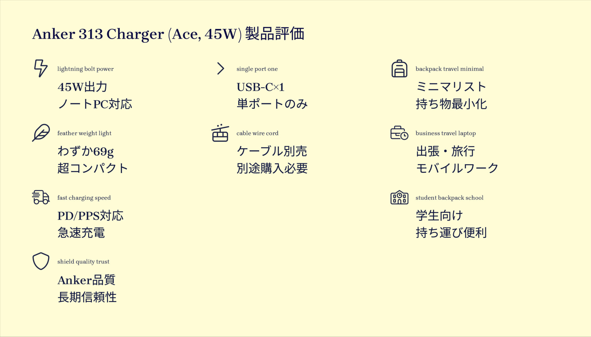 313 Charger (Ace, 45W)を評価!|パワフルなのに手のひらサイズ!どこへでも連れて行ける充電器 の評価サマリー図