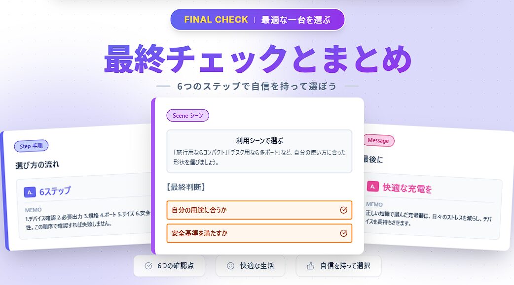 充電器を選ぶ最終チェックとまとめ 6ステップの選び方や用途と安全基準の確認ポイント