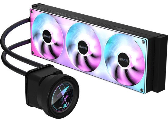 黒い3連ファンラジエーターと円形LCD付き水冷ヘッドの全体