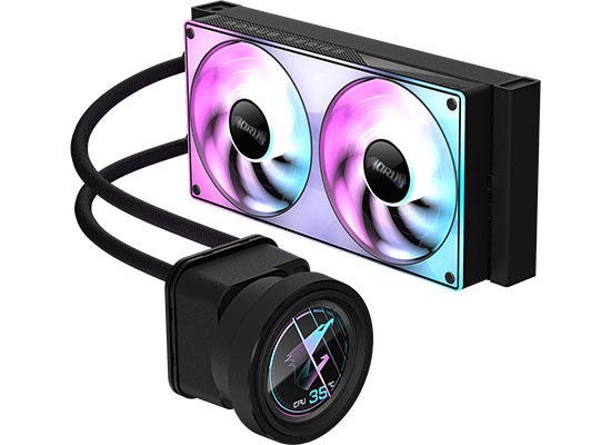 黒い2連ファンラジエーターと円形LCD付き水冷ヘッドの全体