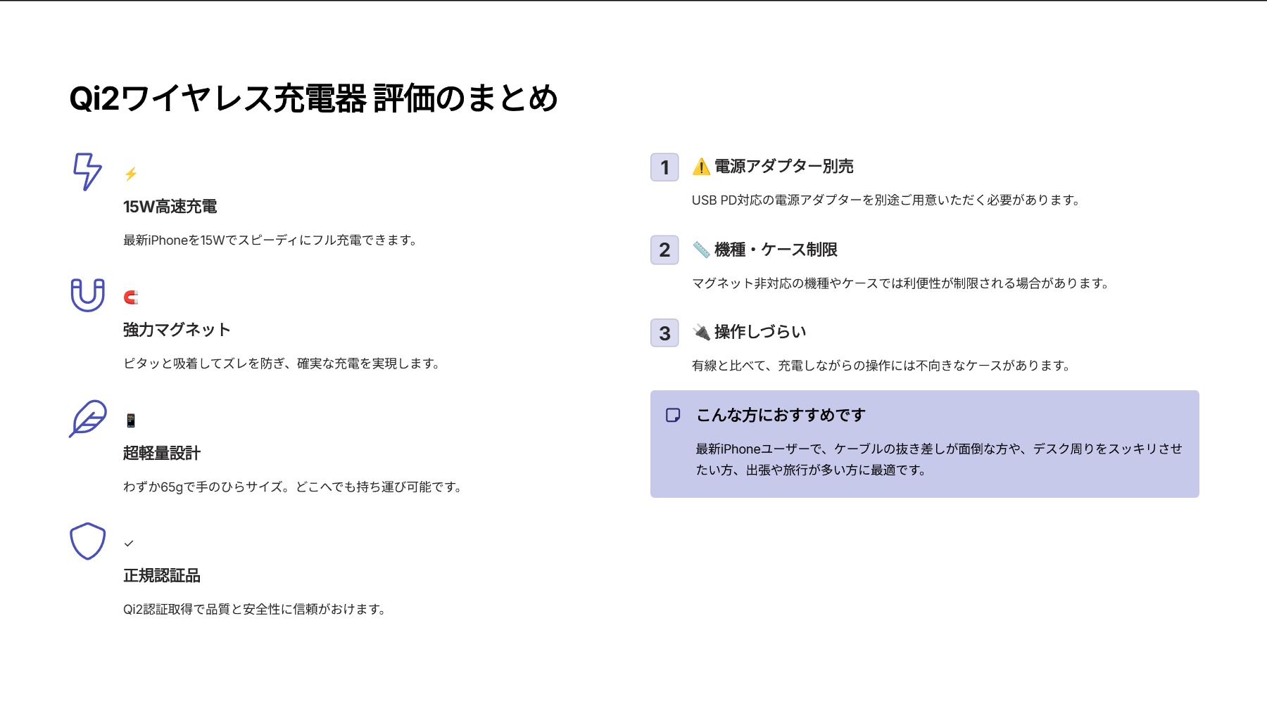 Qi2 ワイヤレス充電器 15W マグネット 正規認証品 卓上 シルバーを評価！｜ピタッと吸着、スマート高速チャージ！ の評価サマリー図