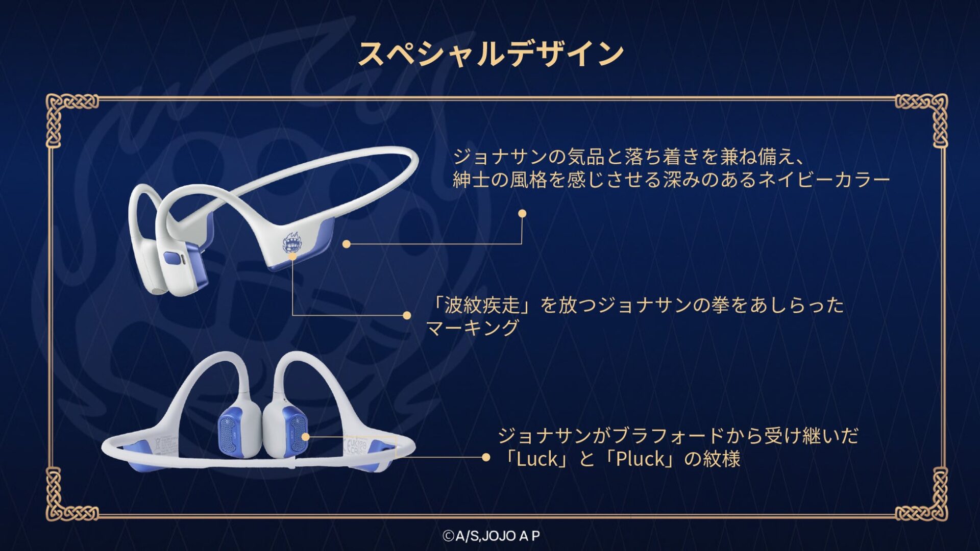 骨伝導イヤホン本体の外観と各部にあしらわれたデザイン要素を示した解説図