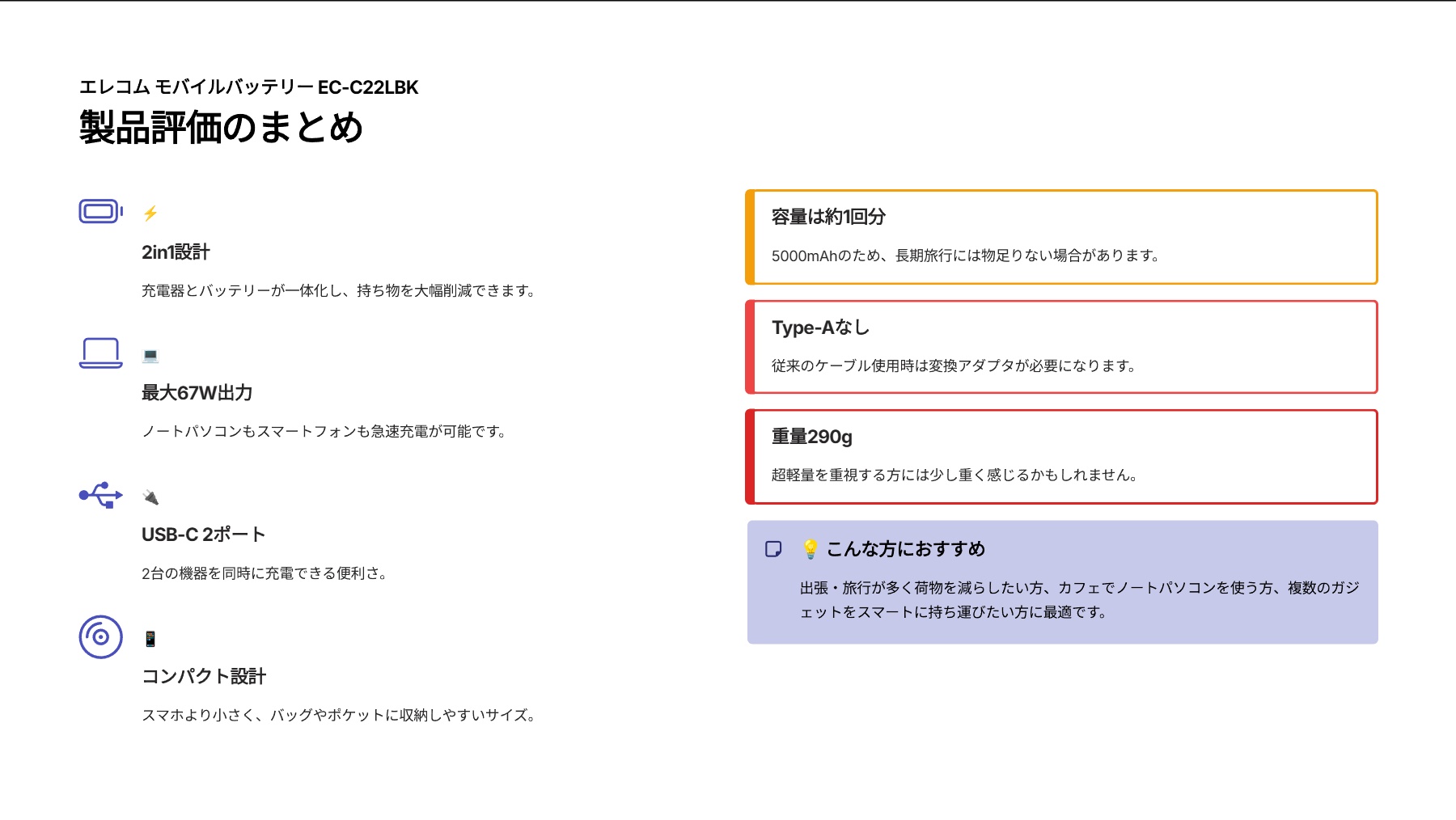 エレコム モバイルバッテリー 5000mAh AC時67W 20W コンセント一体型 Type-C 2ポート おまかせ充電 まとめて充電 PSE技術基準適合 ブラック EC-C22LBKを評価|コンセント一体型!どこでも急速、荷物スッキリの一台二役! の評価サマリー図