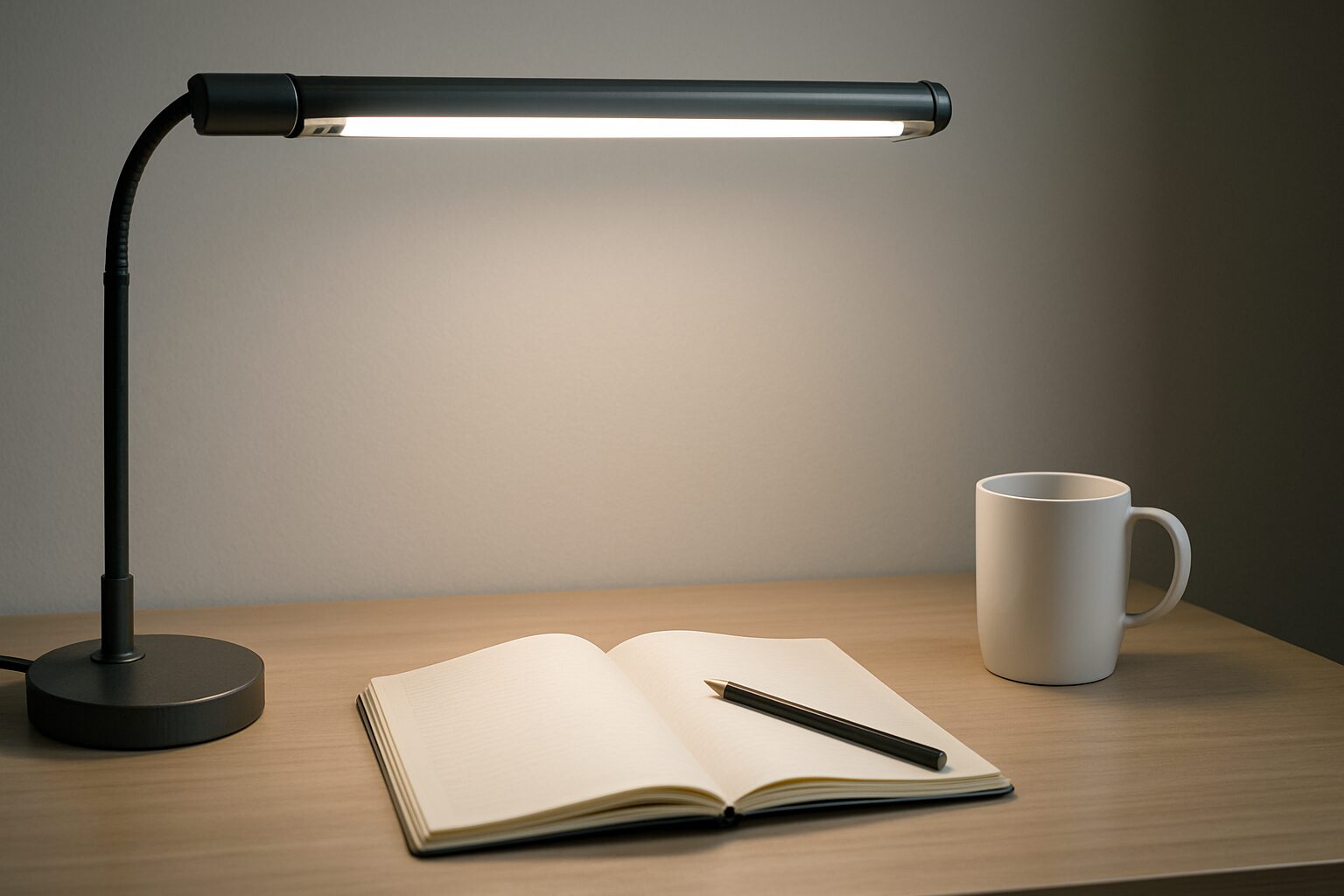 책상 위에 놓인 검은색 데스크 라이트와 노트 연필 머그컵