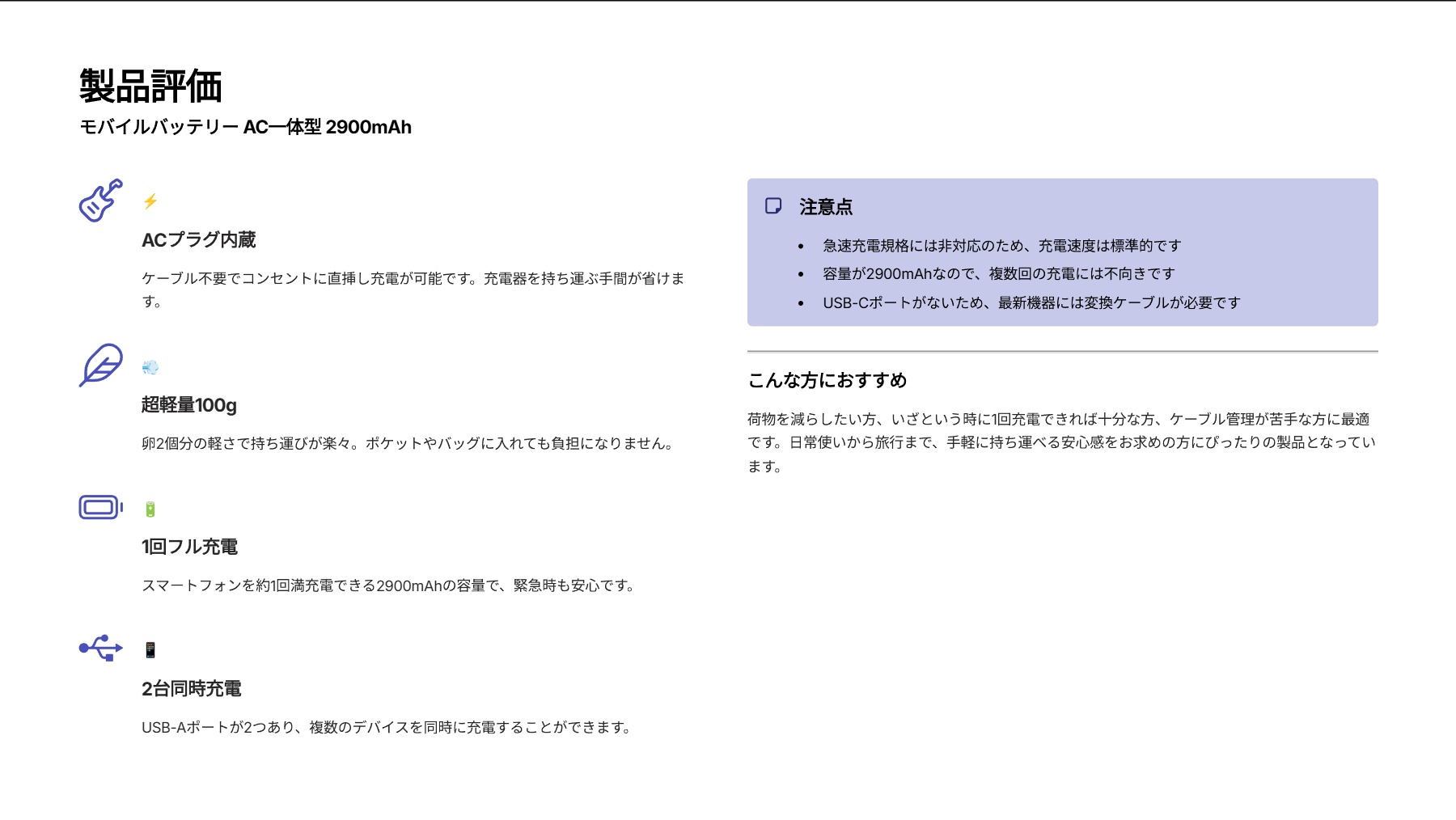 モバイルバッテリー AC一体型 2900mAh USB×2ポート 2.4Aを評価!|コンセント直挿し!超軽量、万能チャージャー の評価サマリー図