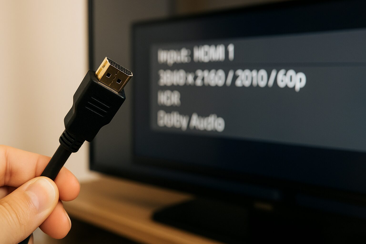手に持ったHDMIケーブルとテレビ画面に映る解像度情報
