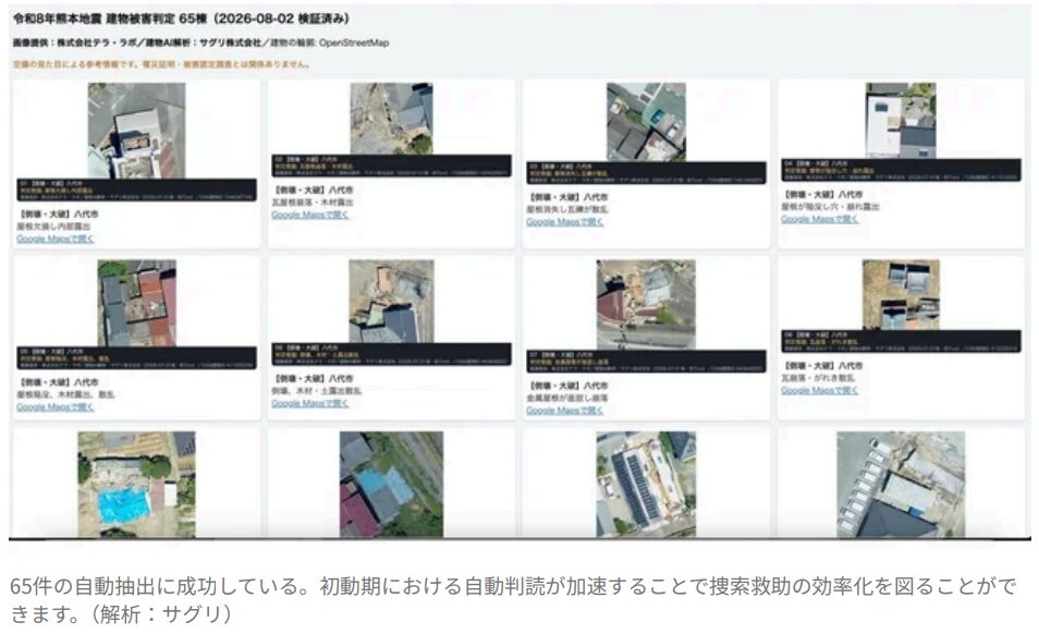 サグリ、熊本地震における建物損壊のAI自動判読に成功｜取扱サイト