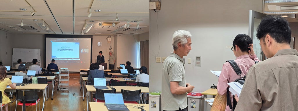 教室やセミナールームでの過去の勉強会の様子を示す2分割の写真。受講者がノートPCに向かう様子と、参加者が資料を見ながら会話している場面が写っている。