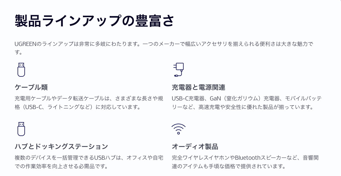 UGREENの豊富な製品ラインアップ ケーブル類 充電器電源関連 ハブドッキングステーション オーディオ製品