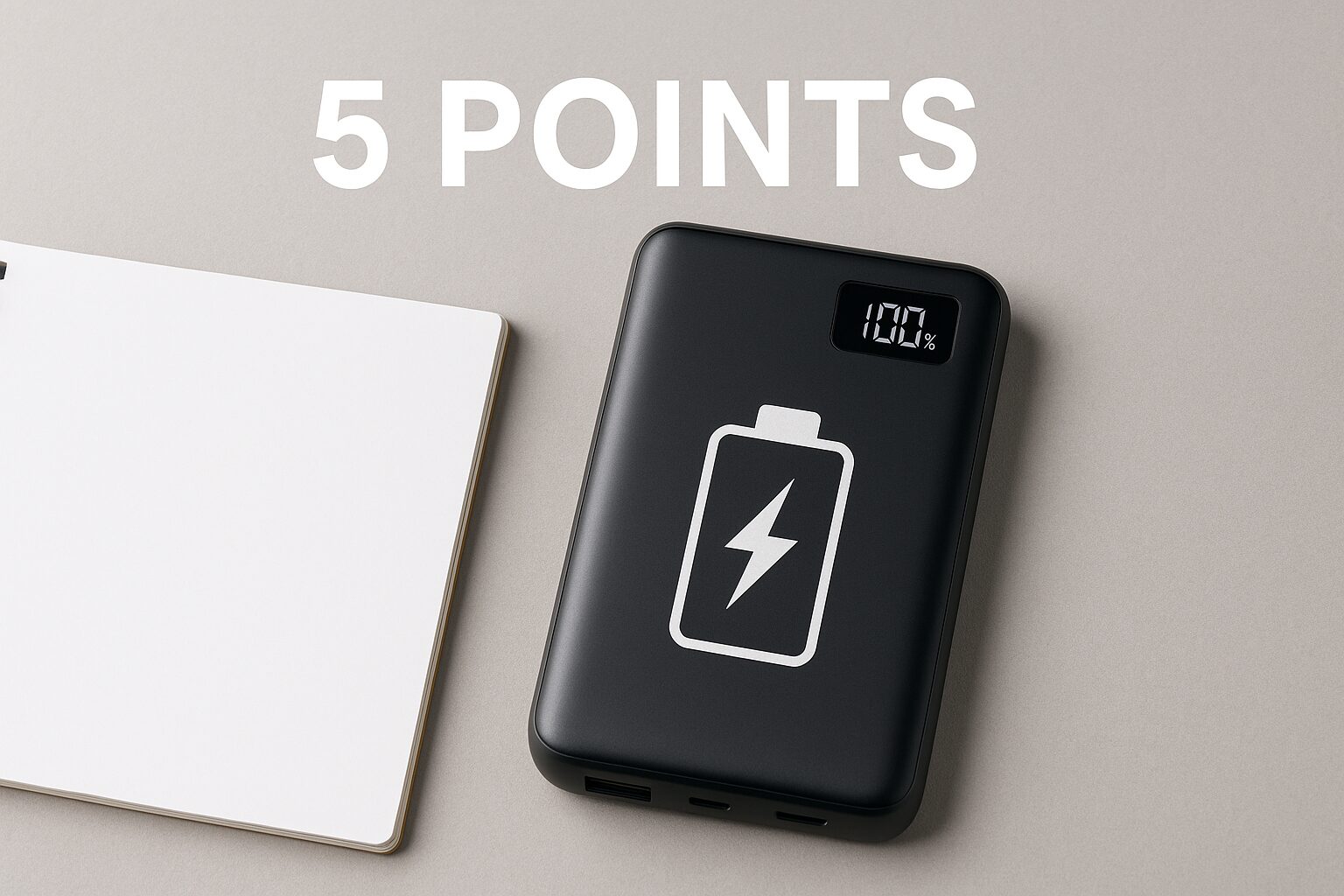 電池残量100パーセントと表示された黒いモバイルバッテリーとノート