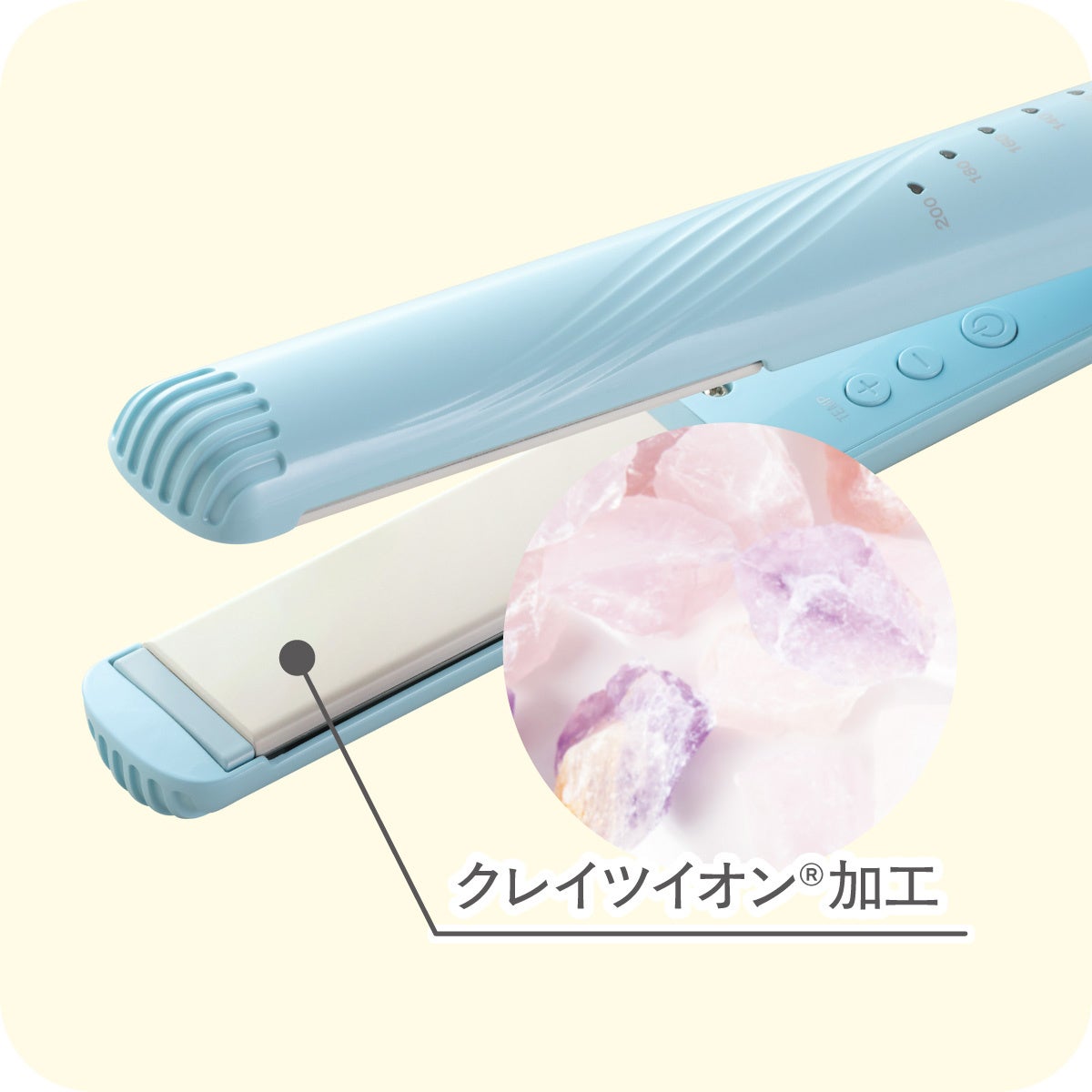 本体プレート部分の拡大と天然鉱石のイメージを丸枠で示した写真