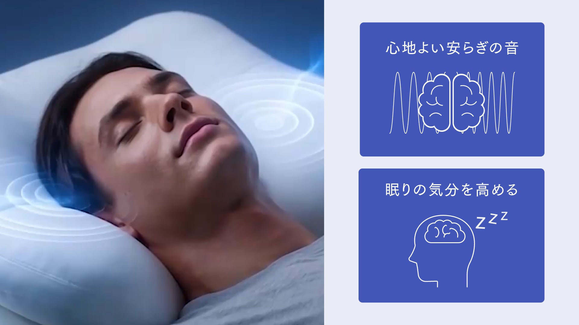 枕で目を閉じる男性と脳波を模したアイコン説明枠