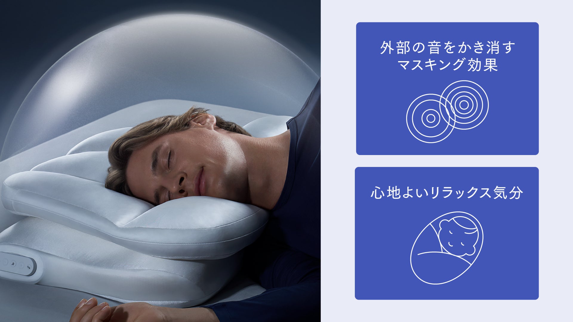 枕に頭を預けて横向きに眠る男性とドーム状の音響空間イメージ