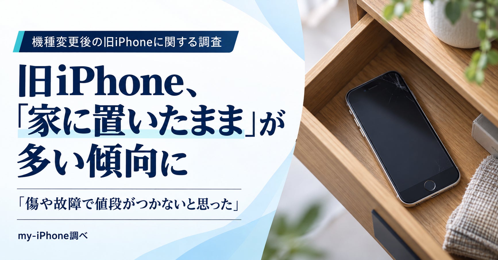 開いた木製引き出しの中に置かれた画面にひび割れのあるスマートフォンと、調査内容を示す見出し文字が配置された図版